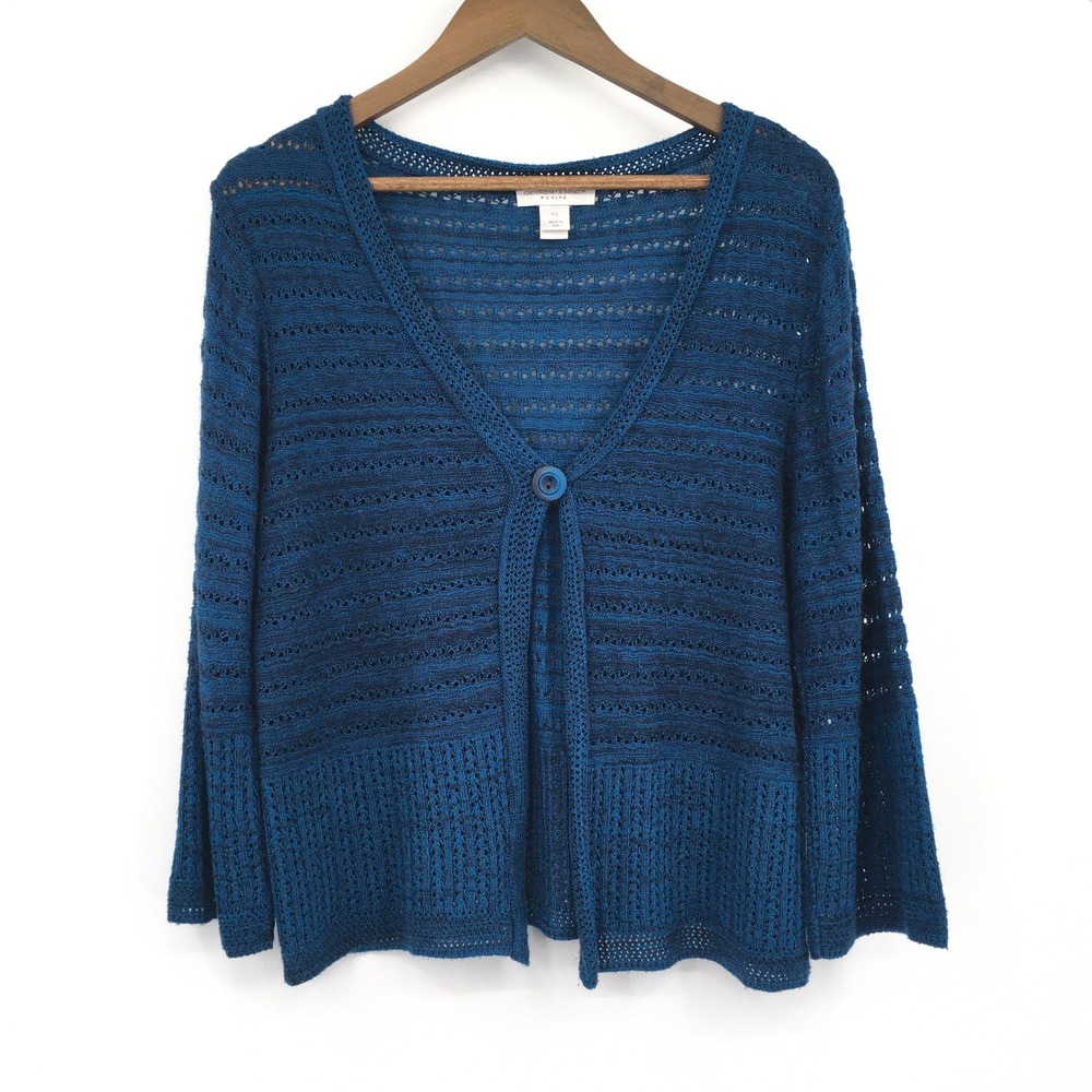 Christopher & Banks Crochet Knit Cardigan Womens L Petite‎ Blue Coastal Grandma